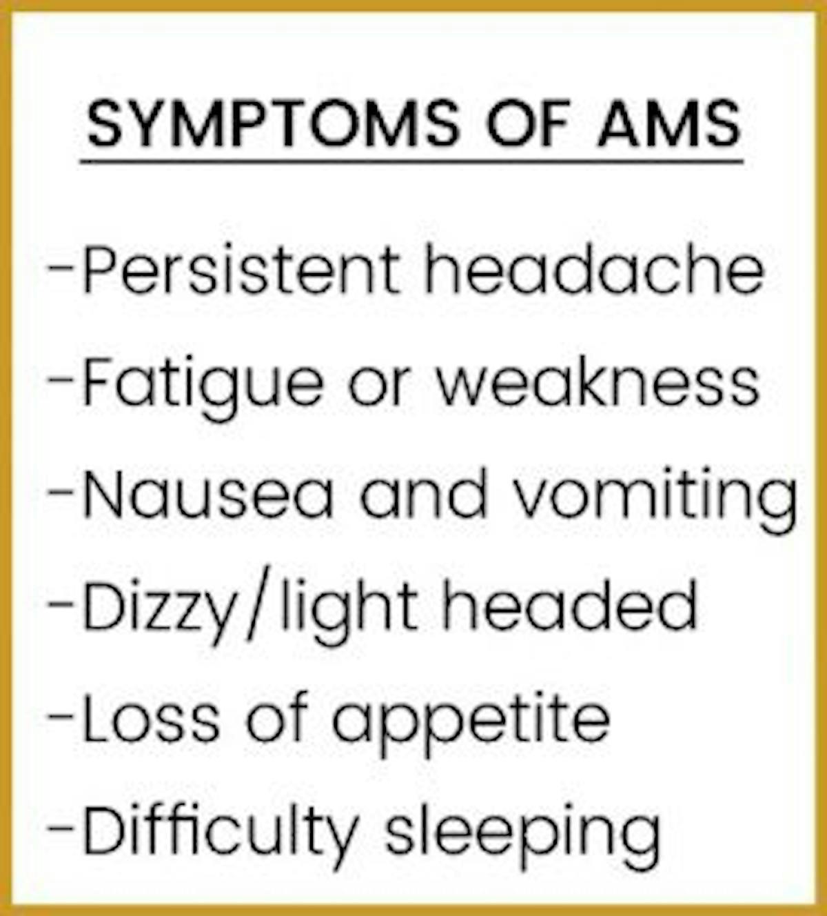 AMS symptoms, Altitude Mountain Sickness, symptoms